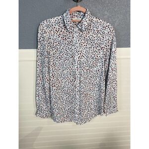 Beach Lunch Lounge White Multicolor Heart Print Button Down Dress Blouse Small